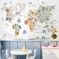 Kids Room Decoration Self-adhesive Cartoon Animal 3d World Map Wall Stickers