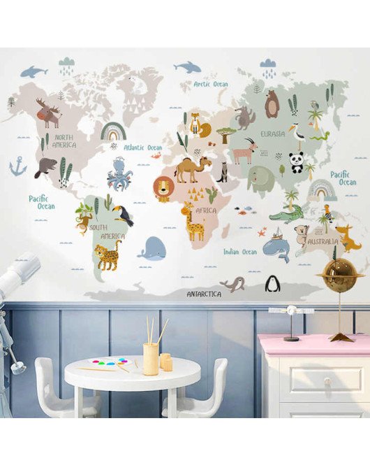 Kids Room Decoration Self-adhesive Cartoon Animal 3d World Map Wall Stickers